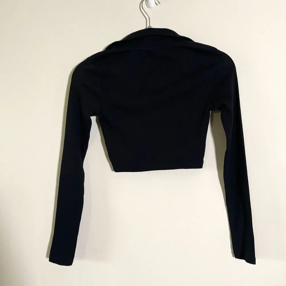 Zara Women's Collared Ribbed Black Crop Top Long Sleeve Size Small Casual